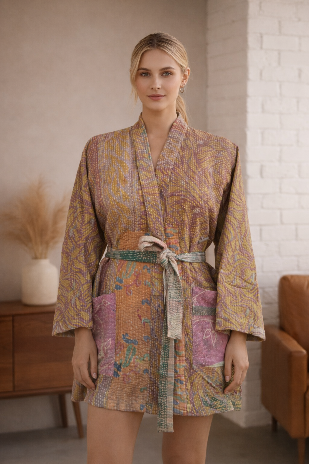 Handmade Kantha Quilted Kimono Robe: Short Boho Hippie Style