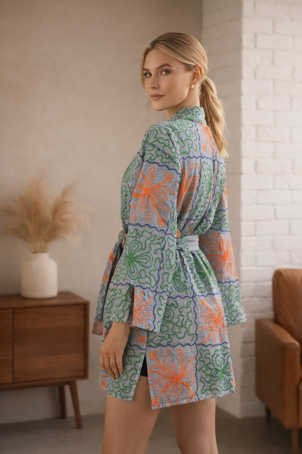 Handmade Kantha Embroidered Kimono Robe: Abstract Boho Duster Coat - Image 2