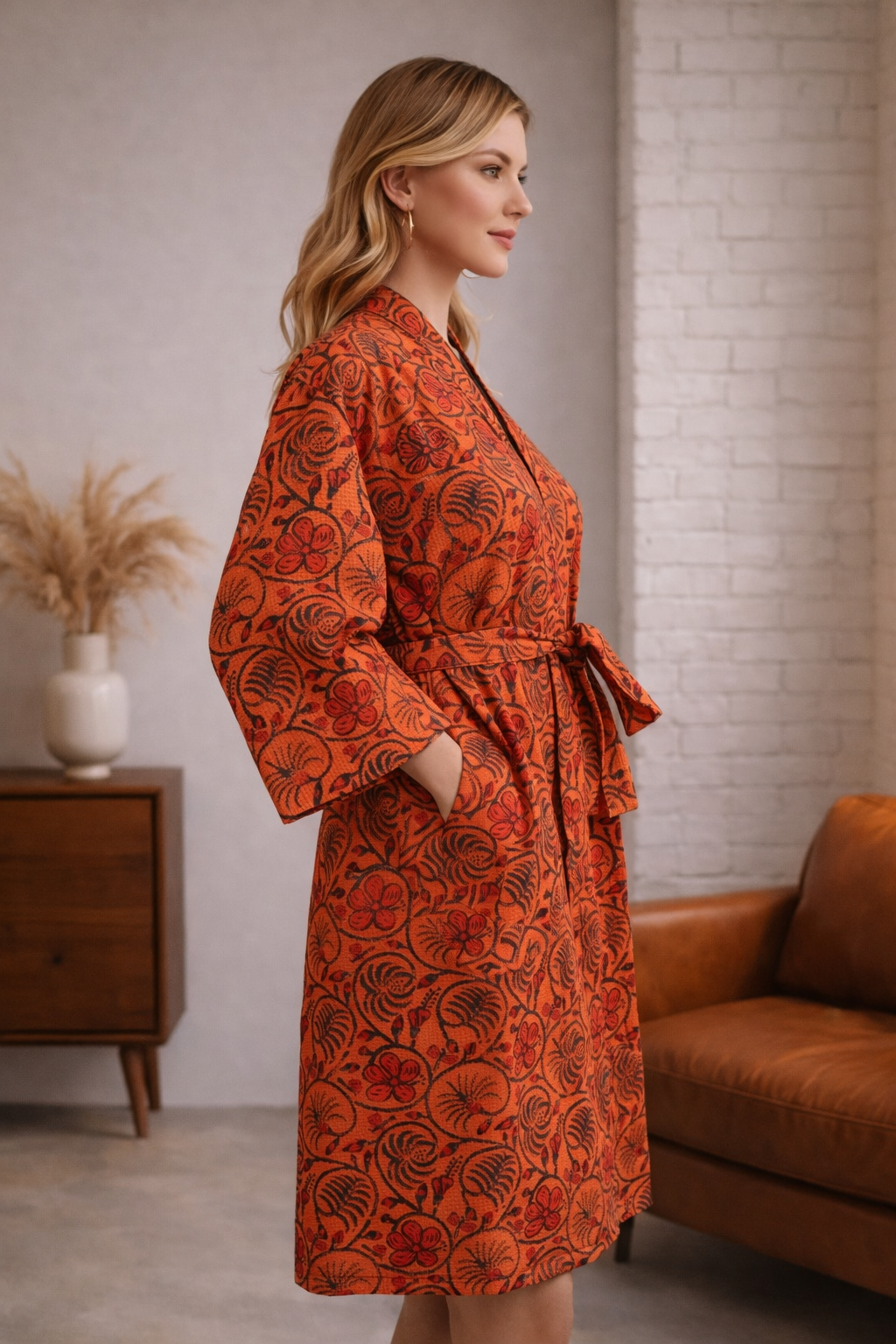 Orange Cotton Waffle Kimono Robe Hand Block Print Boho Floral Bathrobe Lightweight Spa Robe Summer Housecoat Gift - Image 2