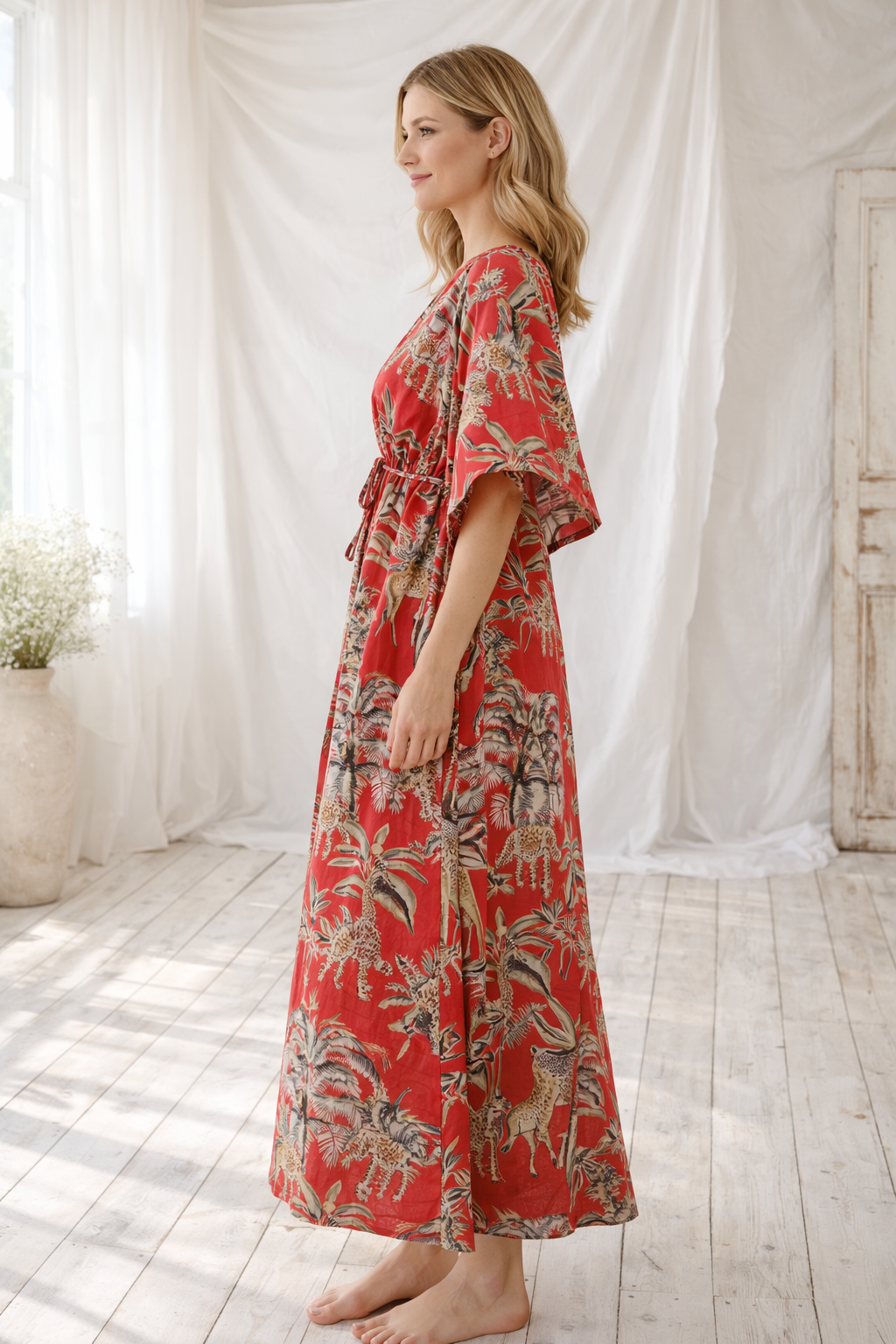 Hand Block Print Cotton Kaftan - Floral Sleepwear Gown - Indian Cotton Night Dress - Boho Loungewear Maxi - Breathable Home Dress - Gift for Her - Image 2