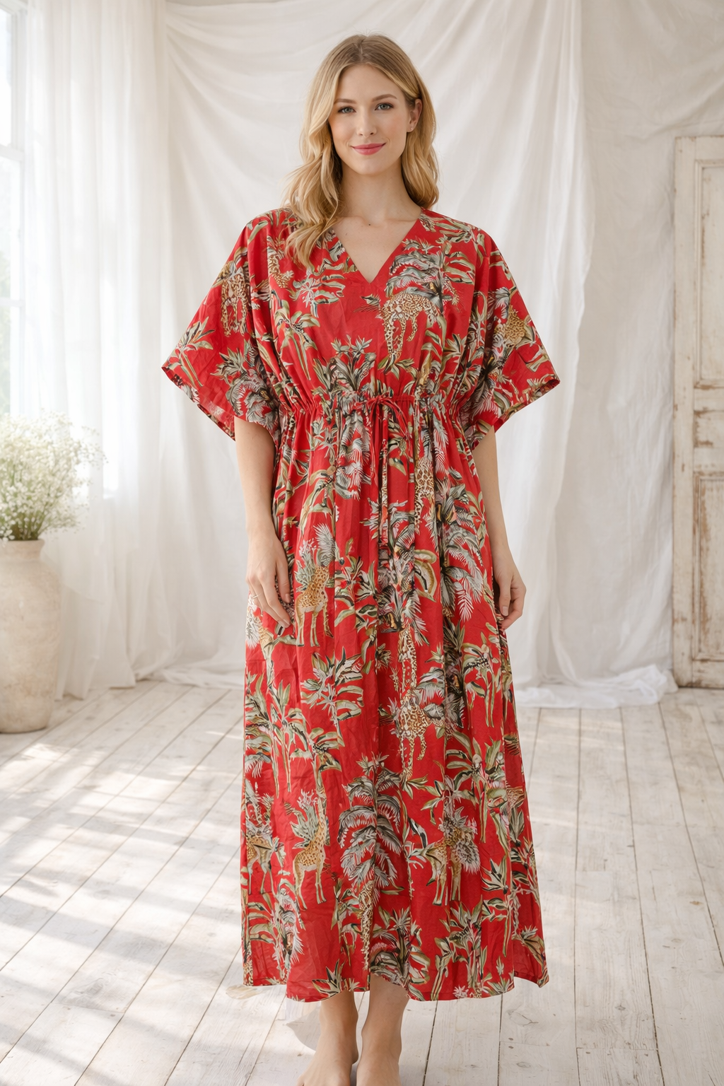 Hand Block Print Cotton Kaftan - Floral Sleepwear Gown - Indian Cotton Night Dress - Boho Loungewear Maxi - Breathable Home Dress - Gift for Her