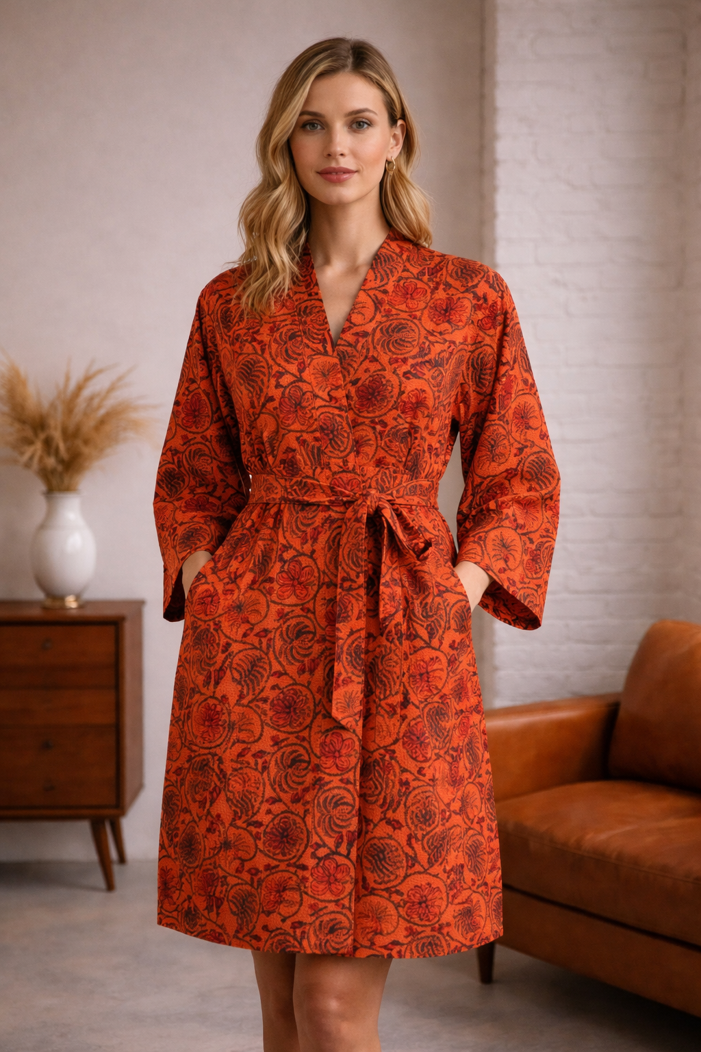 Orange Cotton Waffle Kimono Robe Hand Block Print Boho Floral Bathrobe Lightweight Spa Robe Summer Housecoat Gift