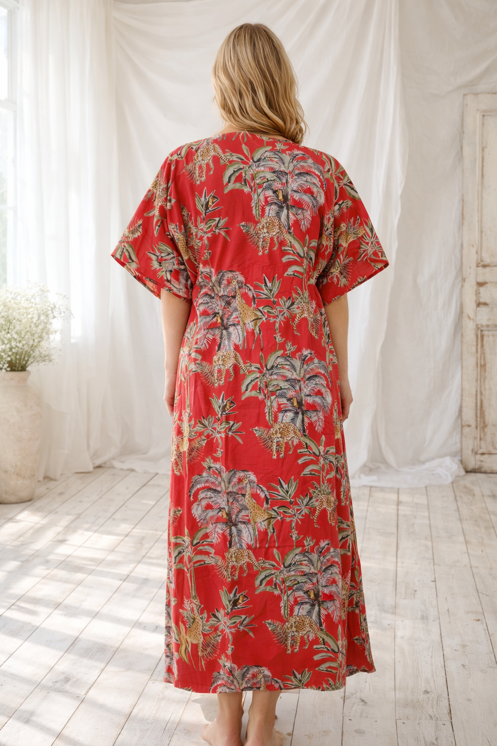 Hand Block Print Cotton Kaftan - Floral Sleepwear Gown - Indian Cotton Night Dress - Boho Loungewear Maxi - Breathable Home Dress - Gift for Her - Image 3